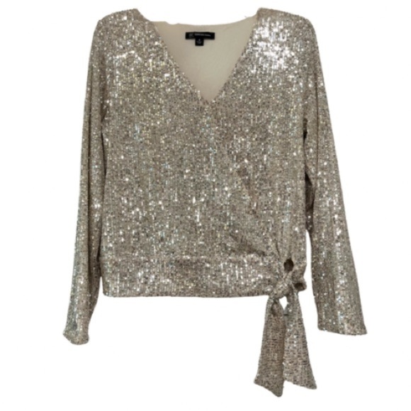 INC International Concepts Tops - INC Silver Sequins Surplice Tie-Front Blouse Size Medium